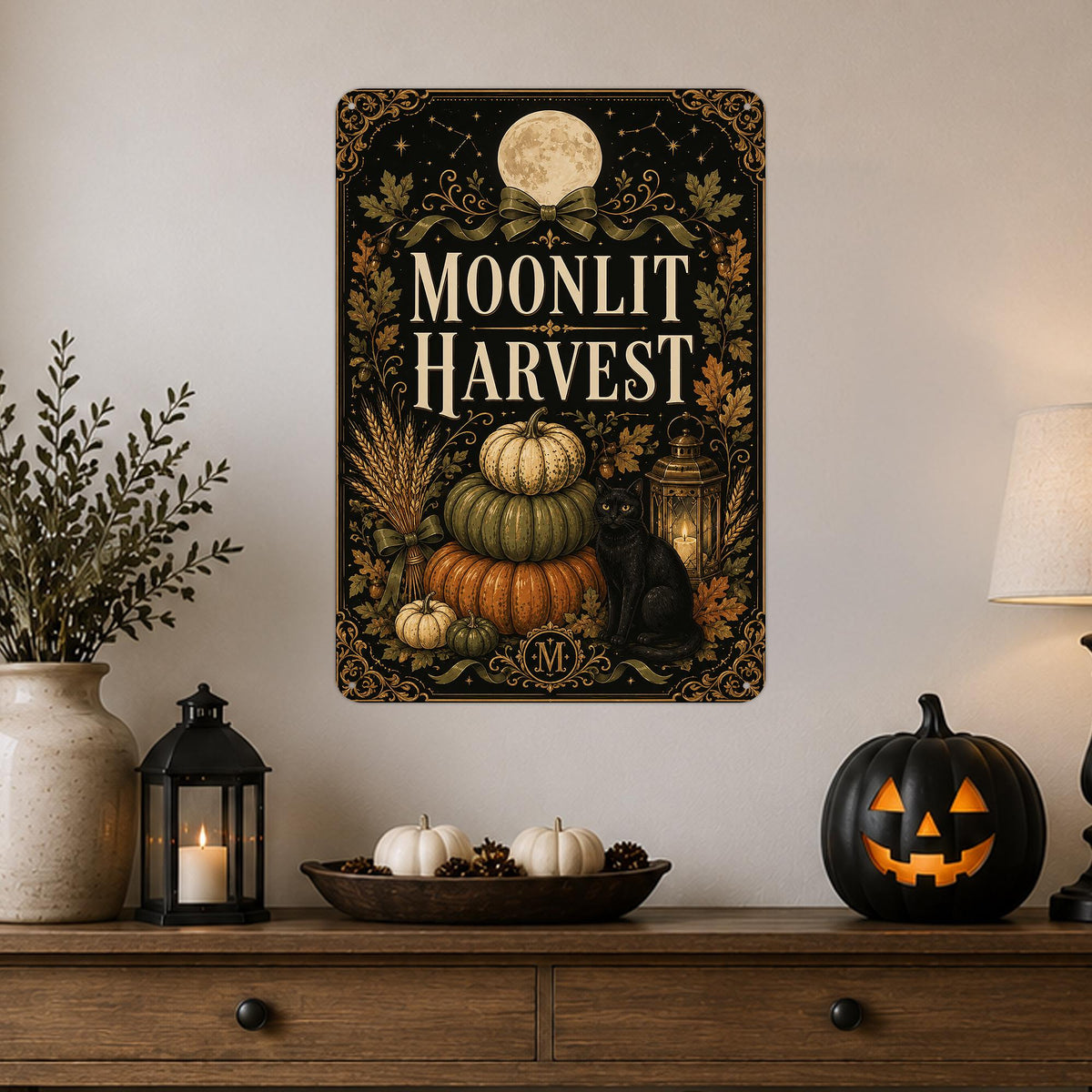 Moonlit Harvest Metal Sign, Black Cat Sign, Pumpkin Sign, Halloween Decor, Black Cat Decor, Spooky Season, October Decor, Fall Metal Sign