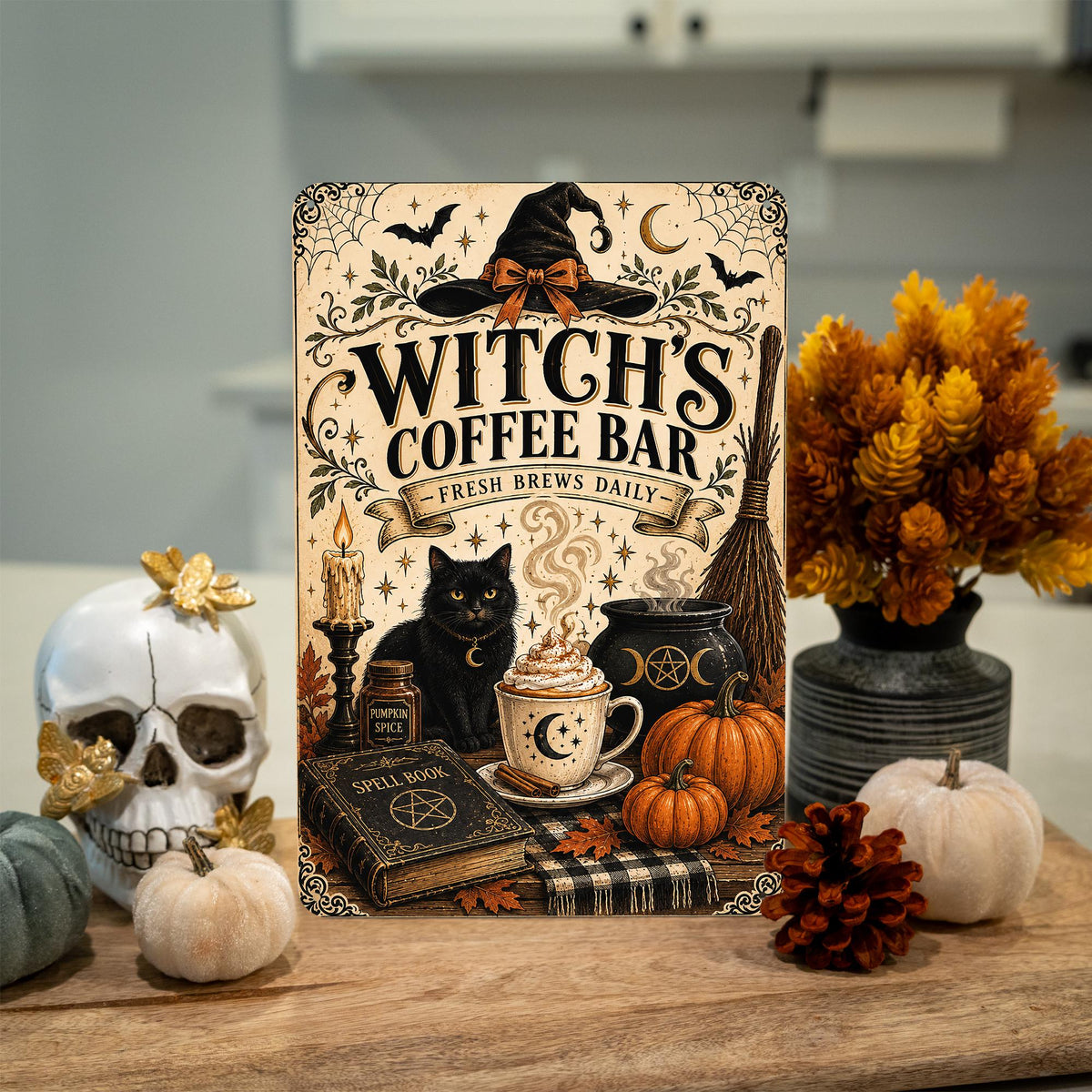 Witch's Coffee Bar Metal Sign, Fresh Brews Daily, Halloween Decor, Halloween Coffee, Spooky Coffee Bar, Witchy Decor, Halloween Art,