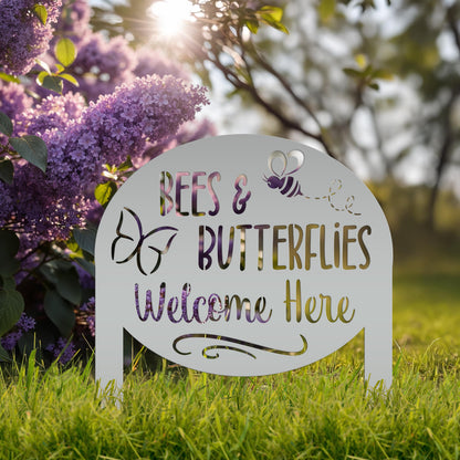 Garden Sign with Bees and Butterflies, Metal Yard Stake, Outdoor Garden Decor, Mother's Day Gift idea,