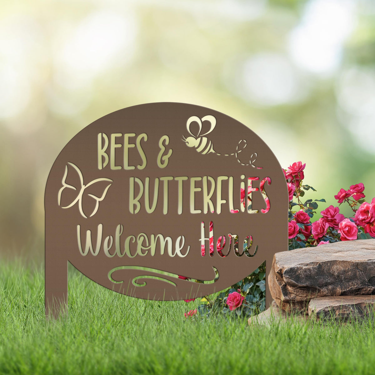 Garden Sign with Bees and Butterflies, Metal Yard Stake, Outdoor Garden Decor, Mother's Day Gift idea,