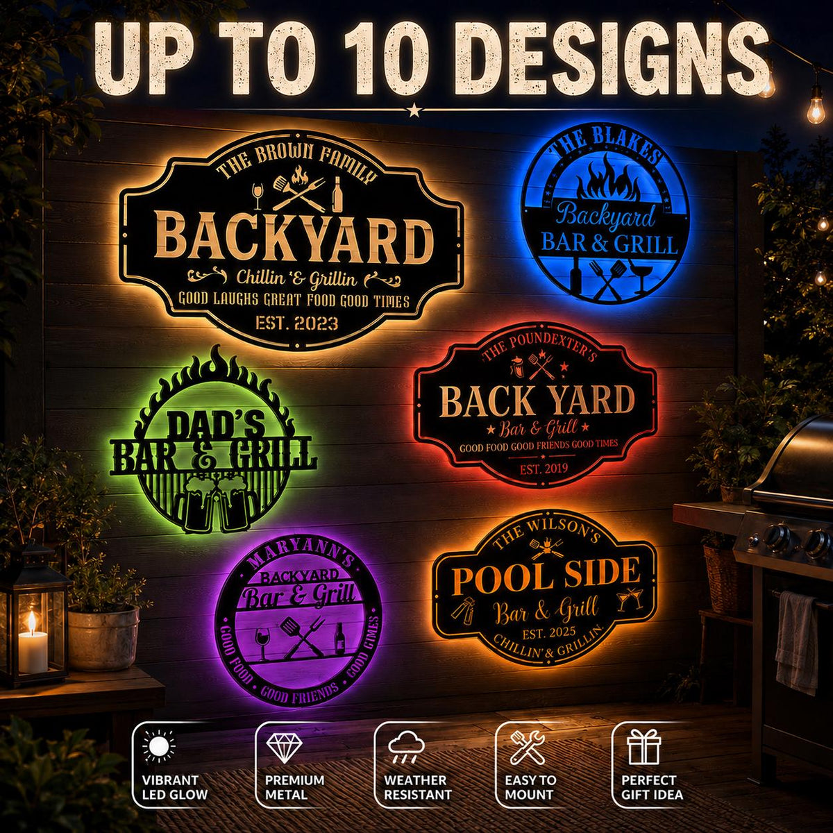 Personalized Outdoor Bar Sign, Custom Family Name Metal Decor, LED Backyard Grill Wall Art, Patio BBQ Sign, Home Bar Gift
