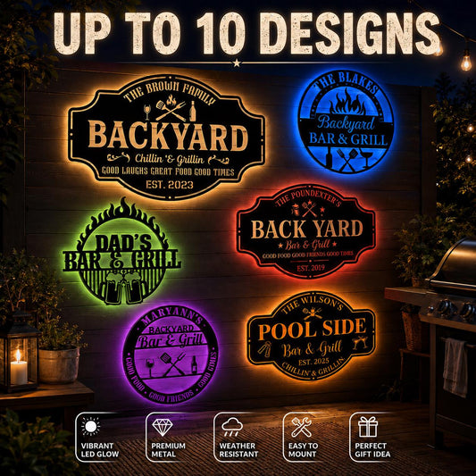 Personalized Outdoor Bar Sign, Custom Family Name Metal Decor, LED Backyard Grill Wall Art, Patio BBQ Sign, Home Bar Gift