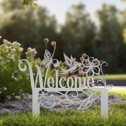 Welcome Sign, Metal Yard Stake, Outdoor Welcome Sign with Butterflies and Hummingbird. Made from Heavy Duty Metal and Powder Coated.