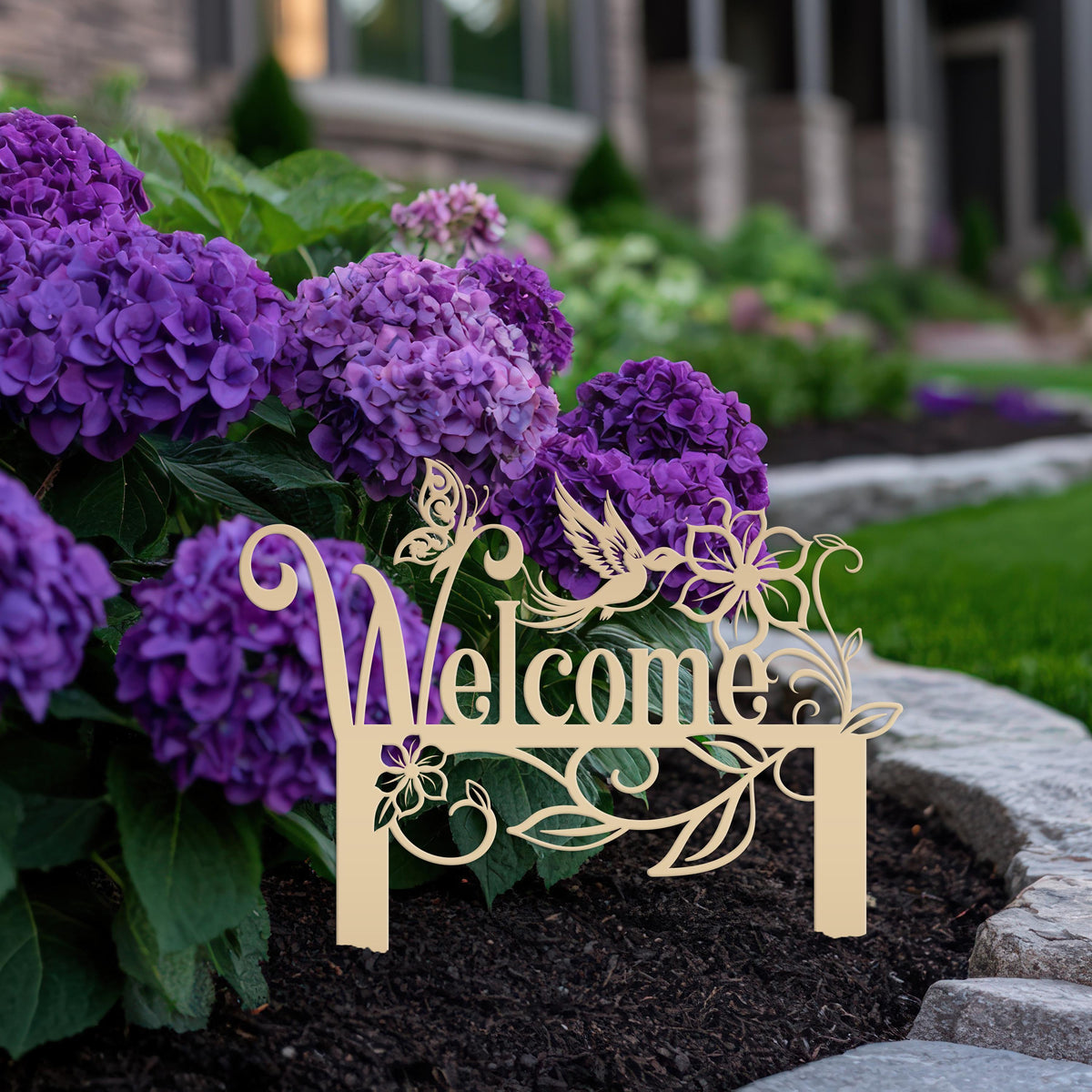 Welcome Sign, Metal Yard Stake, Outdoor Welcome Sign with Butterflies and Hummingbird. Made from Heavy Duty Metal and Powder Coated.