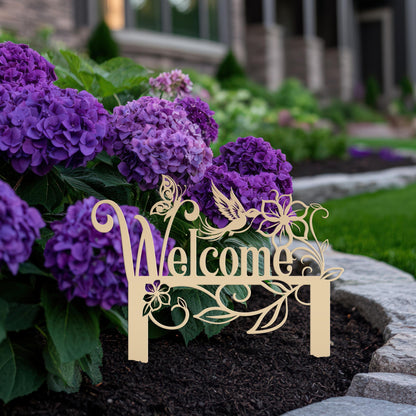 Welcome Sign, Metal Yard Stake, Outdoor Welcome Sign with Butterflies and Hummingbird. Made from Heavy Duty Metal and Powder Coated.
