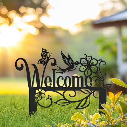 Welcome Sign, Metal Yard Stake, Outdoor Welcome Sign with Butterflies and Hummingbird. Made from Heavy Duty Metal and Powder Coated.