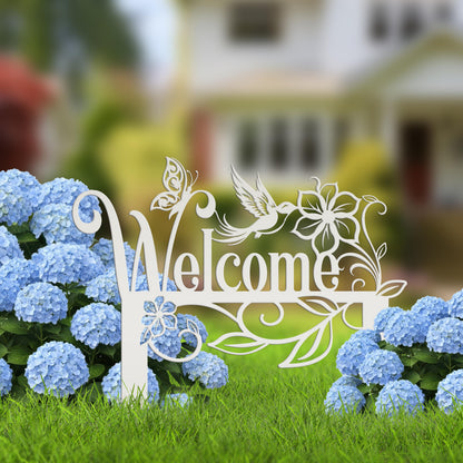 Welcome Sign, Metal Yard Stake, Outdoor Welcome Sign with Butterflies and Hummingbird. Made from Heavy Duty Metal and Powder Coated.