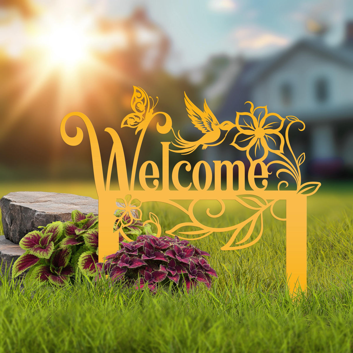 Welcome Sign, Metal Yard Stake, Outdoor Welcome Sign with Butterflies and Hummingbird. Made from Heavy Duty Metal and Powder Coated.