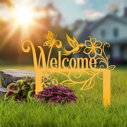 Welcome Sign, Metal Yard Stake, Outdoor Welcome Sign with Butterflies and Hummingbird. Made from Heavy Duty Metal and Powder Coated.