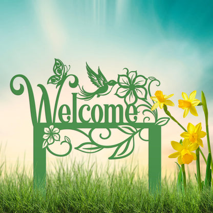 Welcome Sign, Metal Yard Stake, Outdoor Welcome Sign with Butterflies and Hummingbird. Made from Heavy Duty Metal and Powder Coated.