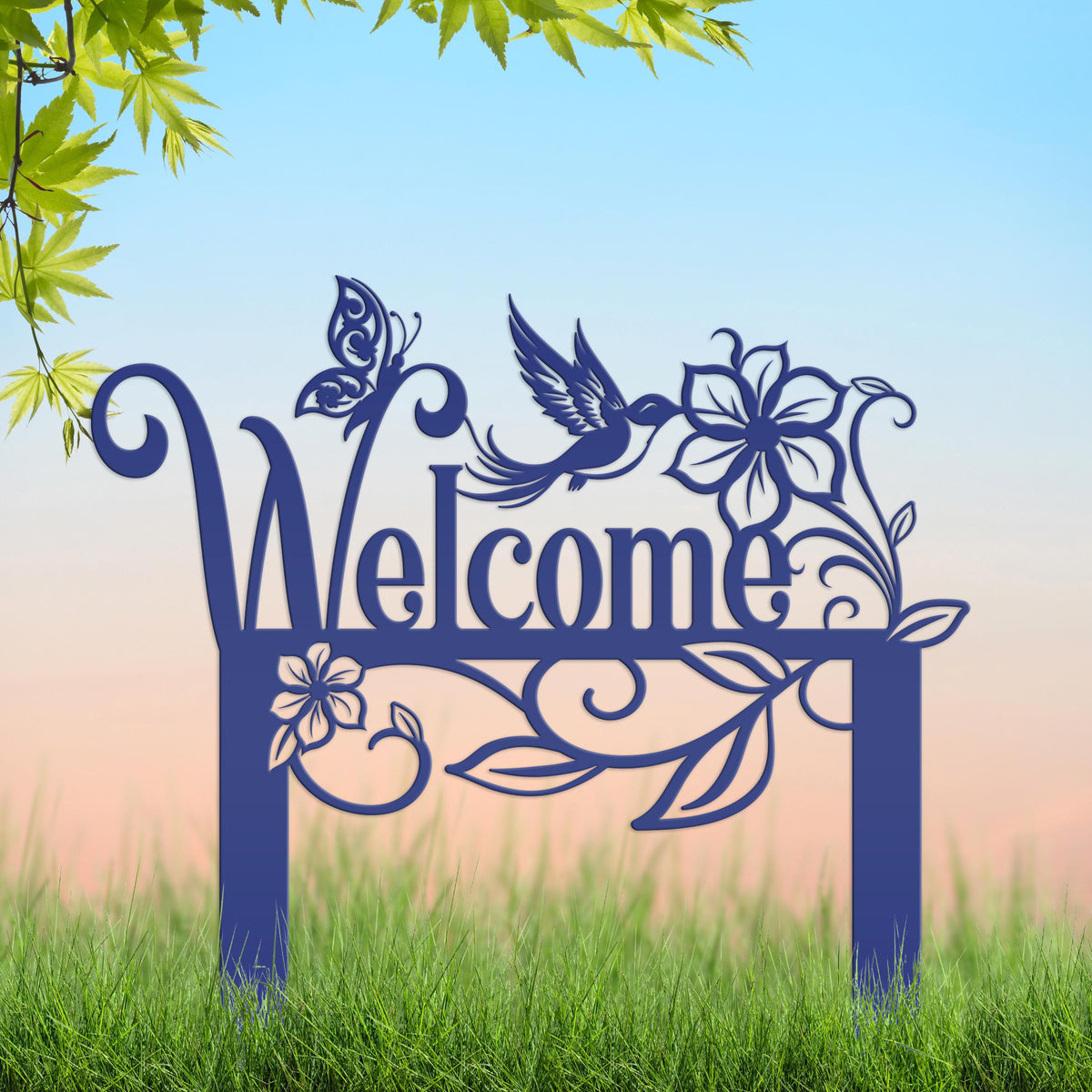 Welcome Sign, Metal Yard Stake, Outdoor Welcome Sign with Butterflies and Hummingbird. Made from Heavy Duty Metal and Powder Coated.
