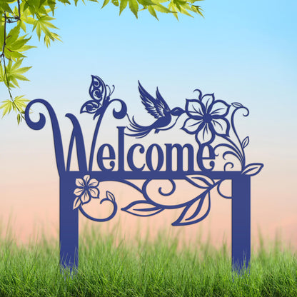 Welcome Sign, Metal Yard Stake, Outdoor Welcome Sign with Butterflies and Hummingbird. Made from Heavy Duty Metal and Powder Coated.
