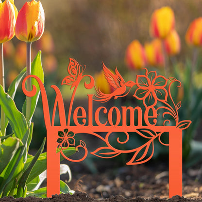 Welcome Sign, Metal Yard Stake, Outdoor Welcome Sign with Butterflies and Hummingbird. Made from Heavy Duty Metal and Powder Coated.
