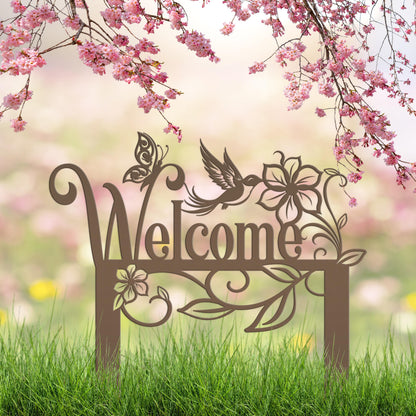 Welcome Sign, Metal Yard Stake, Outdoor Welcome Sign with Butterflies and Hummingbird. Made from Heavy Duty Metal and Powder Coated.