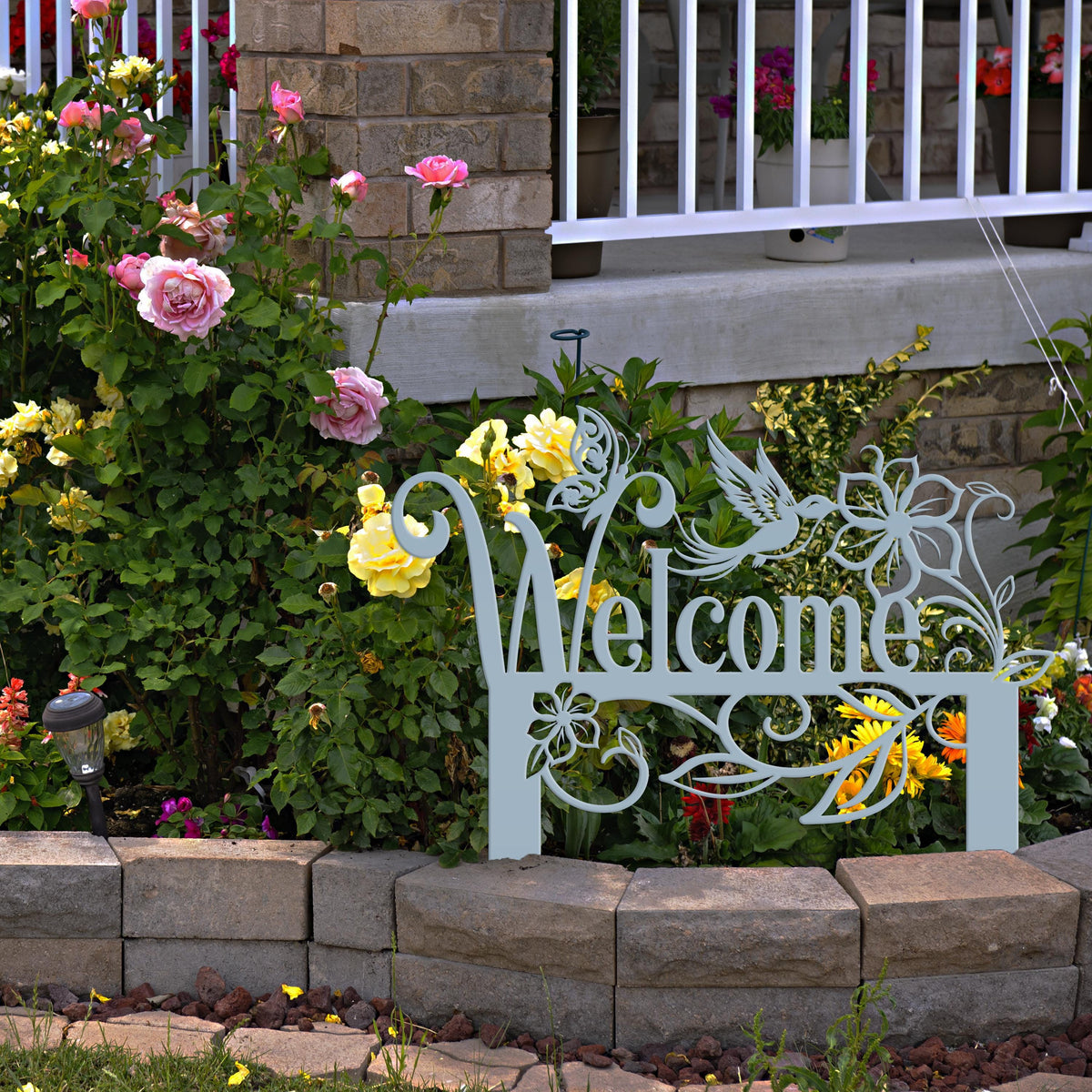 Welcome Sign, Metal Yard Stake, Outdoor Welcome Sign with Butterflies and Hummingbird. Made from Heavy Duty Metal and Powder Coated.
