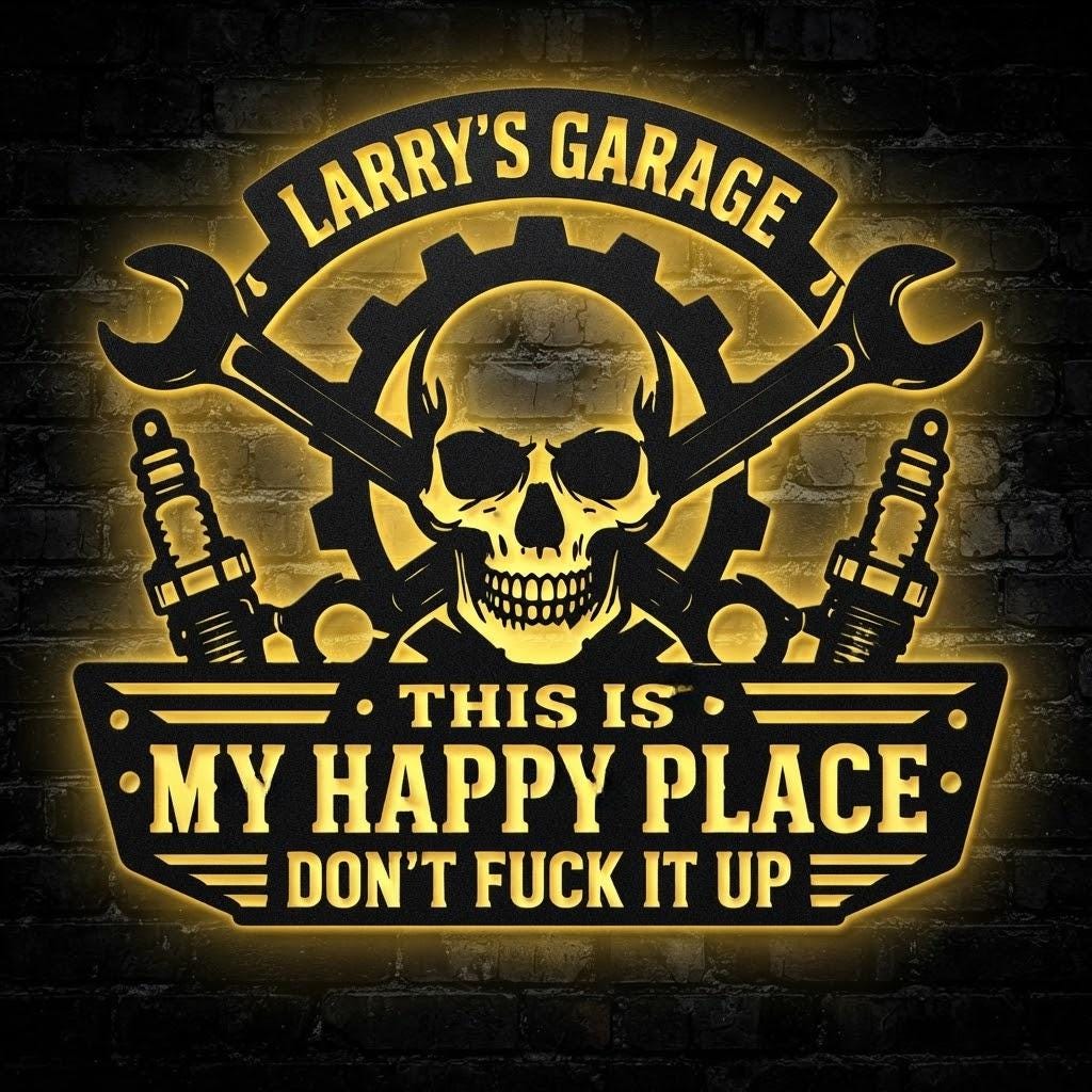 Personalized Garage Metal Sign, Custom Name Mechanic Wall Decor, Skull Wrench LED Sign, Funny Workshop Man Cave Gift