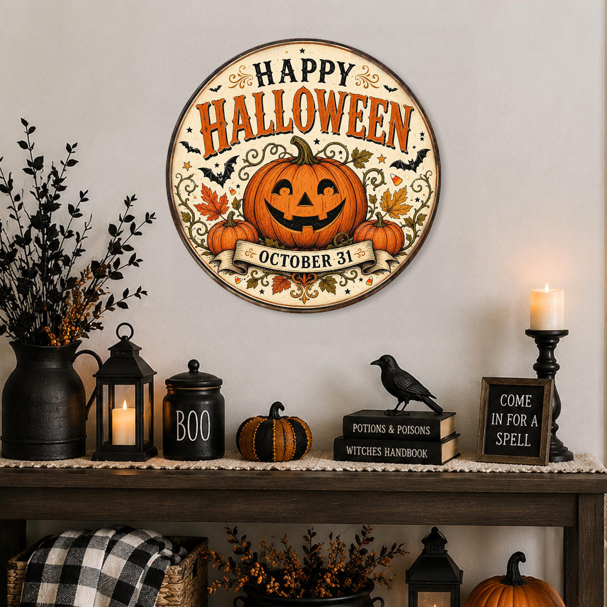 Happy Halloween Sign, Round Metal Halloween Wall Art, Jack O Lantern Art, Pumpkin Decor, Fall Signs, October Wall Art, Seasonal Home Decor