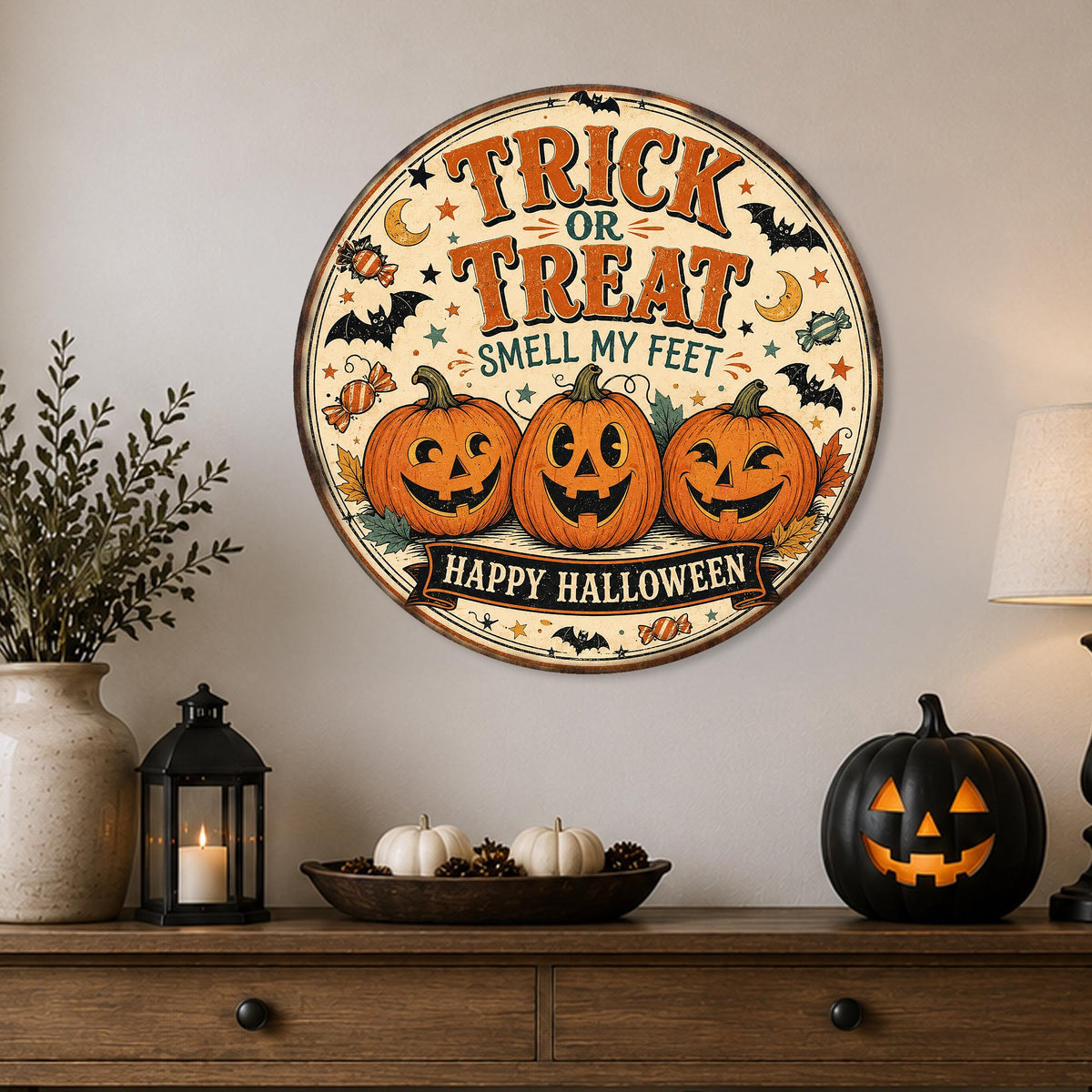 Trick or Treat Sign, Round Metal Halloween Wall Art, Spooky Decor, Halloween Humor, October Decor, Cute Pumpkin Sign, Halloween Gift