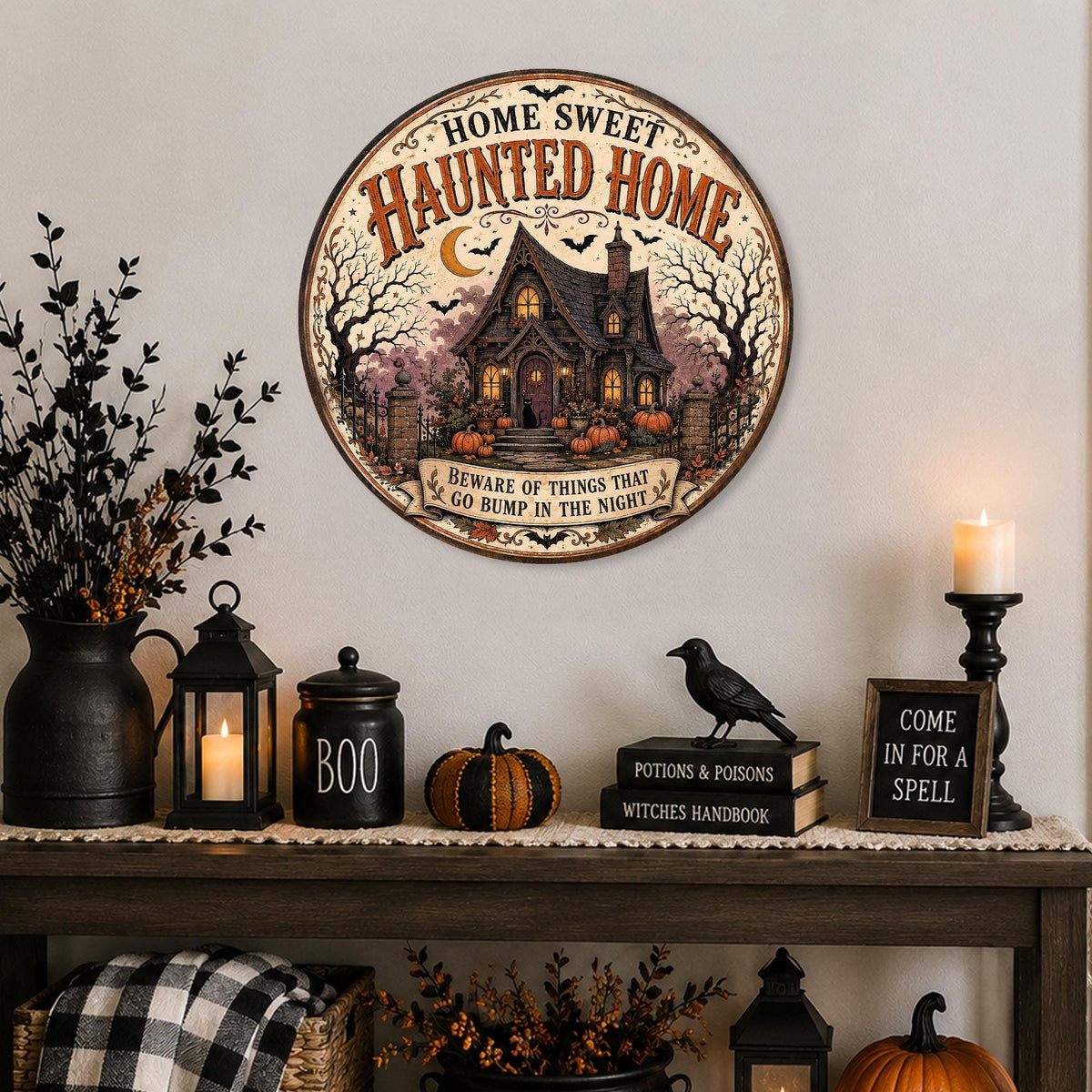 Haunted Home Sign, Round Metal Halloween Sign, Halloween Decor, Spooky Decor, Haunted House, Spooky Season, Gothic Halloween, October Decor