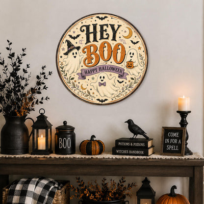 Hey Boo Sign, Round Metal Halloween Sign, Cute Ghost Decor, Boo Sign, October Decor, Halloween Wall Art, Happy Halloween, Halloween Lover