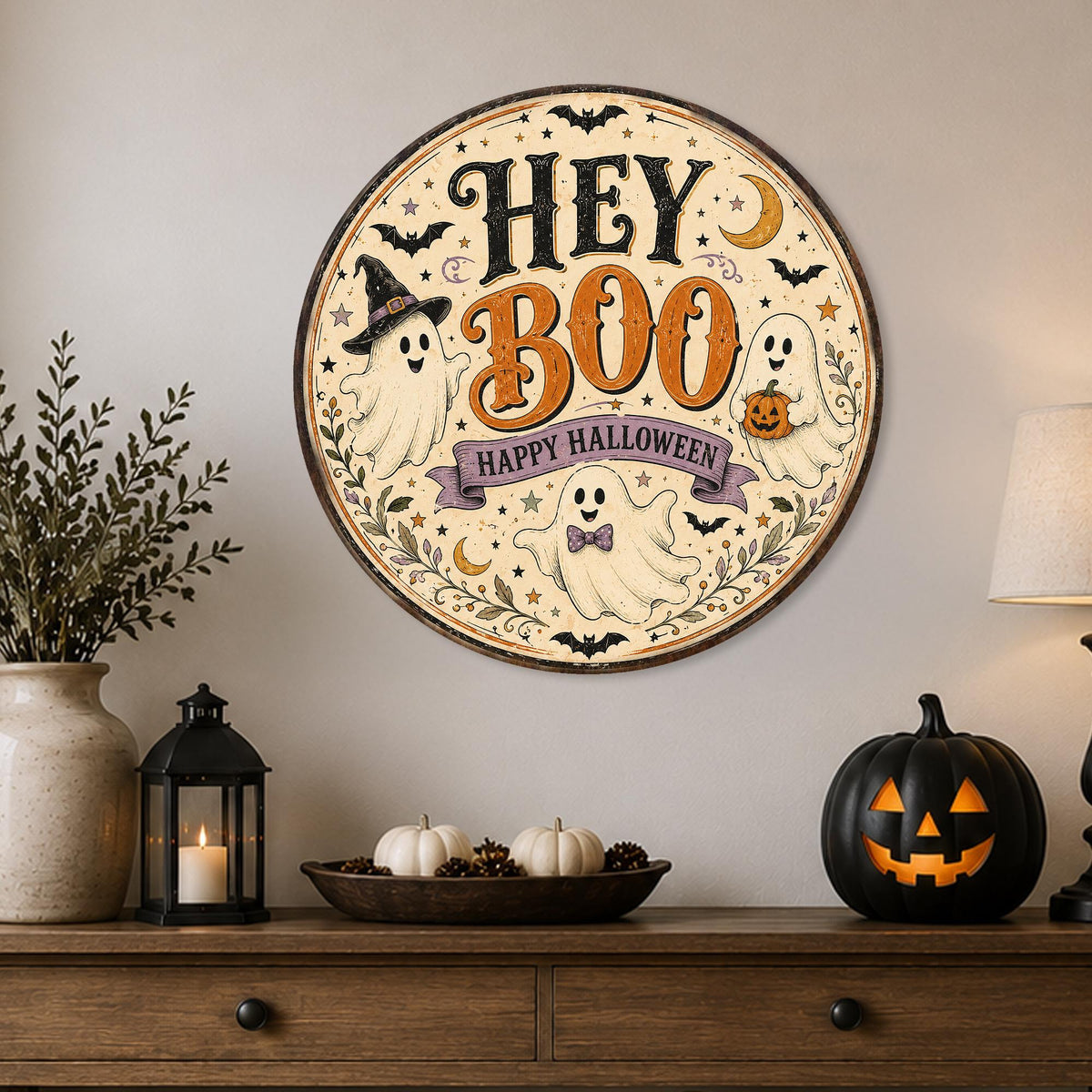 Hey Boo Sign, Round Metal Halloween Sign, Cute Ghost Decor, Boo Sign, October Decor, Halloween Wall Art, Happy Halloween, Halloween Lover
