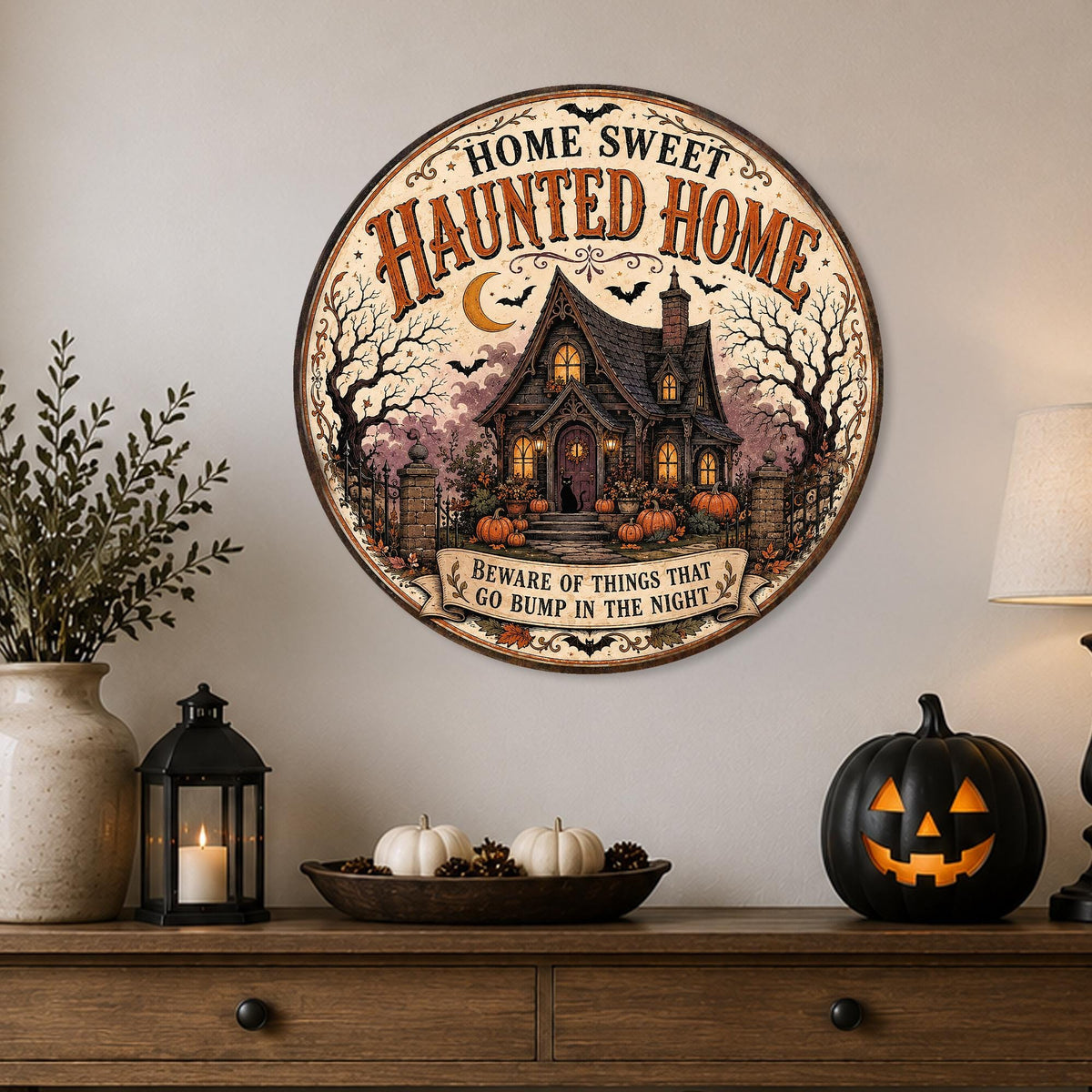 Haunted Home Sign, Round Metal Halloween Sign, Halloween Decor, Spooky Decor, Haunted House, Spooky Season, Gothic Halloween, October Decor