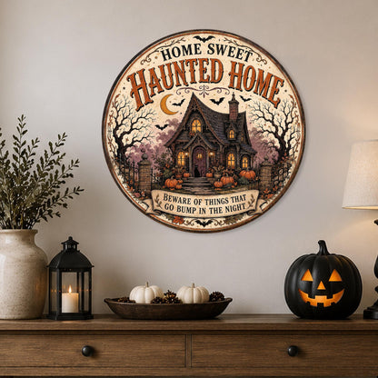 Haunted Home Sign, Round Metal Halloween Sign, Halloween Decor, Spooky Decor, Haunted House, Spooky Season, Gothic Halloween, October Decor