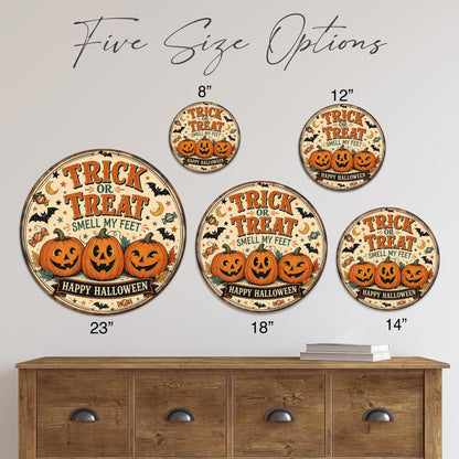 Trick or Treat Sign, Round Metal Halloween Wall Art, Spooky Decor, Halloween Humor, October Decor, Cute Pumpkin Sign, Halloween Gift