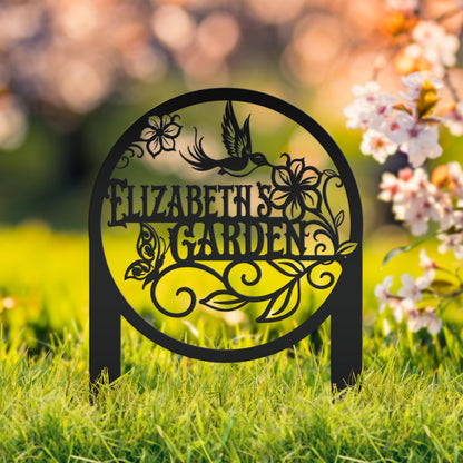 Metal Garden Sign - Custom Yard Sign with Hummingbird and Butterfly Scene - Personalized Gift for Nature Lovers