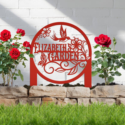 Metal Garden Sign - Custom Yard Sign with Hummingbird and Butterfly Scene - Personalized Gift for Nature Lovers