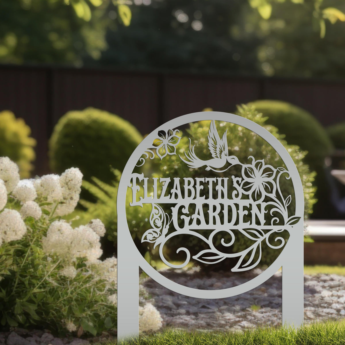 Metal Garden Sign - Custom Yard Sign with Hummingbird and Butterfly Scene - Personalized Gift for Nature Lovers