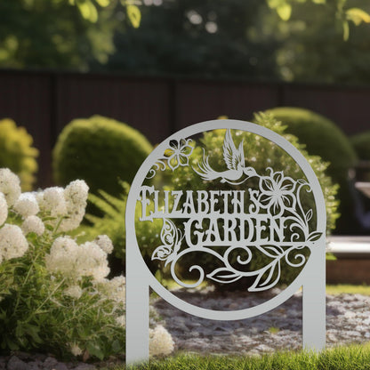 Metal Garden Sign - Custom Yard Sign with Hummingbird and Butterfly Scene - Personalized Gift for Nature Lovers
