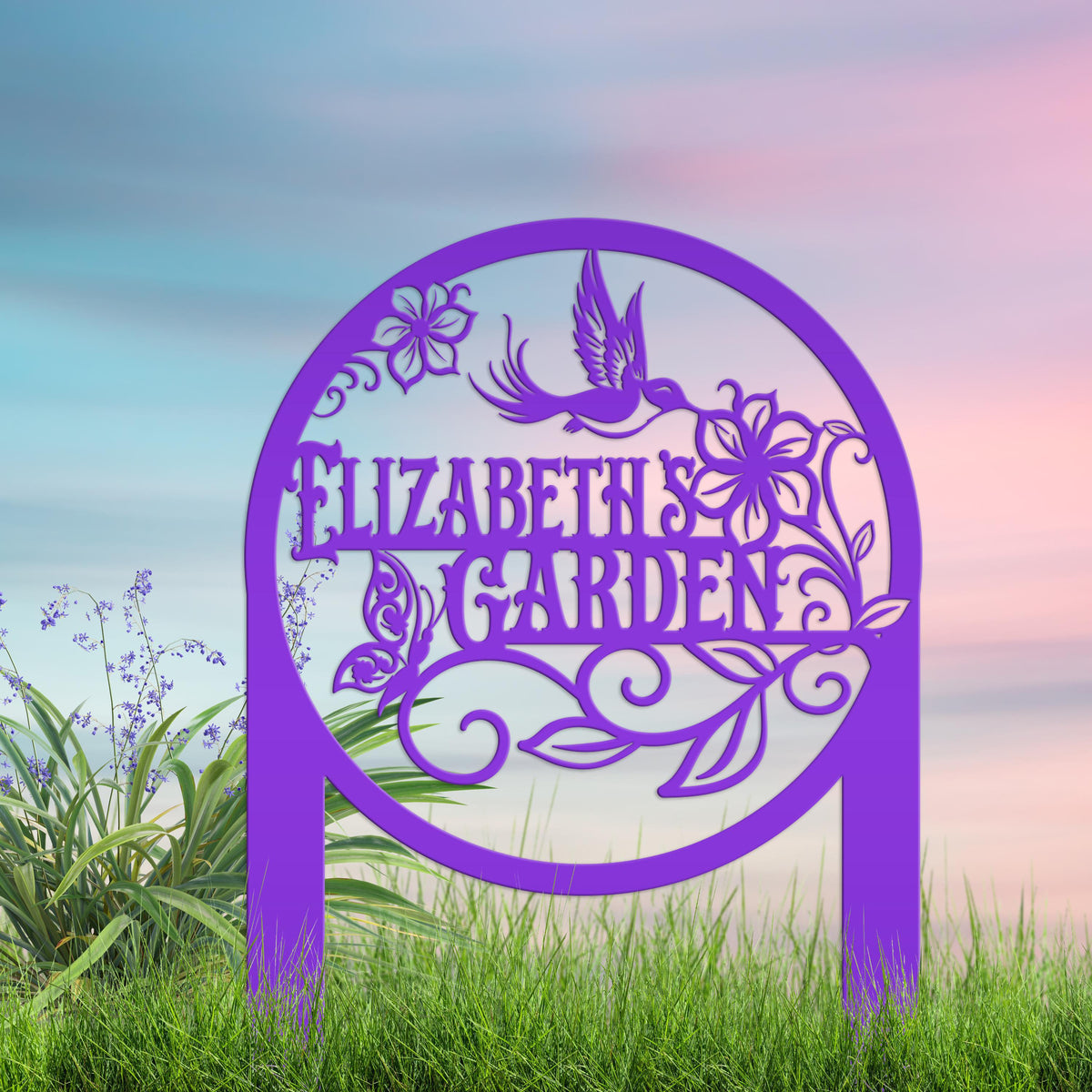 Metal Garden Sign - Custom Yard Sign with Hummingbird and Butterfly Scene - Personalized Gift for Nature Lovers