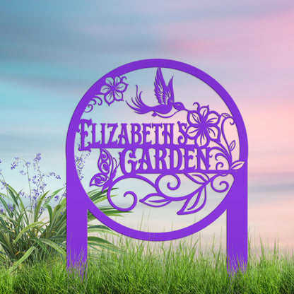 Metal Garden Sign - Custom Yard Sign with Hummingbird and Butterfly Scene - Personalized Gift for Nature Lovers