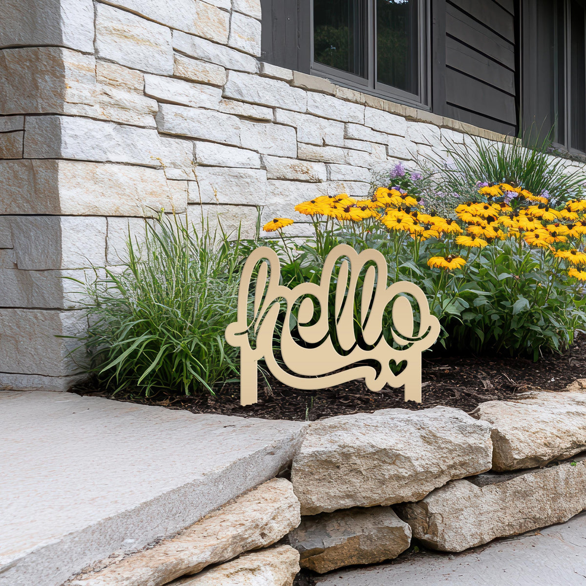 Welcoming Hello Metal Outdoor Yard Stake - Charming Front Lawn Decor - Laser Cut Garden Decoration - Unique Welcome Sign - Housewarming Gift