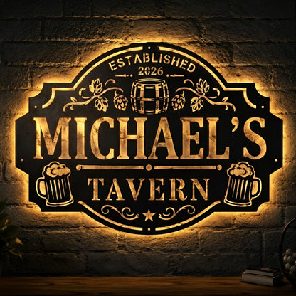Personalized Tavern Metal Sign with LED Light, Custom Name Bar Wall Decor, Beer Pub Sign, Home Bar Gift, Established Year Sign