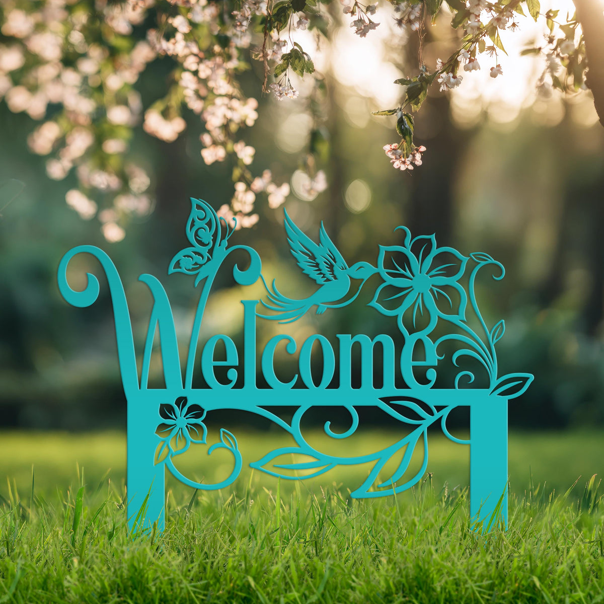 Welcome Sign, Metal Yard Stake, Outdoor Welcome Sign with Butterflies and Hummingbird. Made from Heavy Duty Metal and Powder Coated.
