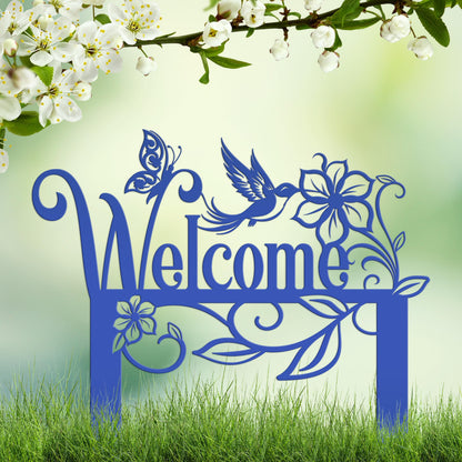 Welcome Sign, Metal Yard Stake, Outdoor Welcome Sign with Butterflies and Hummingbird. Made from Heavy Duty Metal and Powder Coated.
