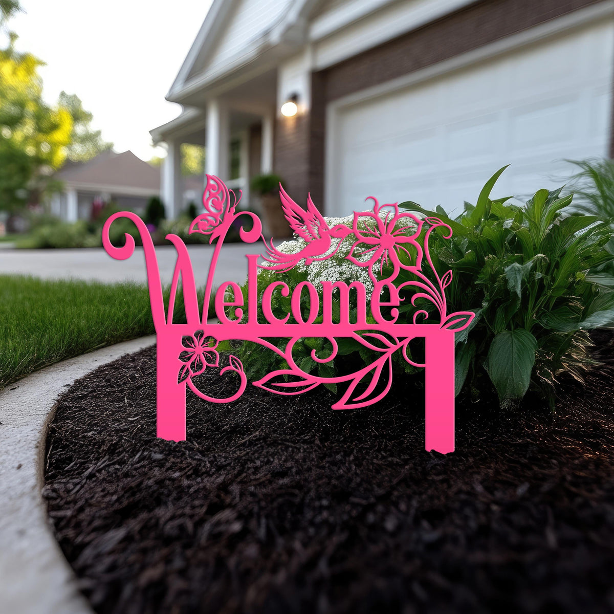 Welcome Sign, Metal Yard Stake, Outdoor Welcome Sign with Butterflies and Hummingbird. Made from Heavy Duty Metal and Powder Coated.