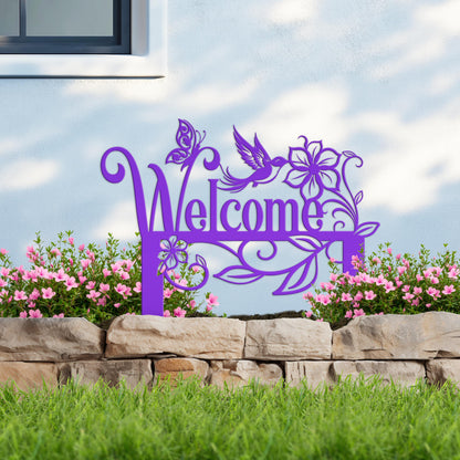 Welcome Sign, Metal Yard Stake, Outdoor Welcome Sign with Butterflies and Hummingbird. Made from Heavy Duty Metal and Powder Coated.