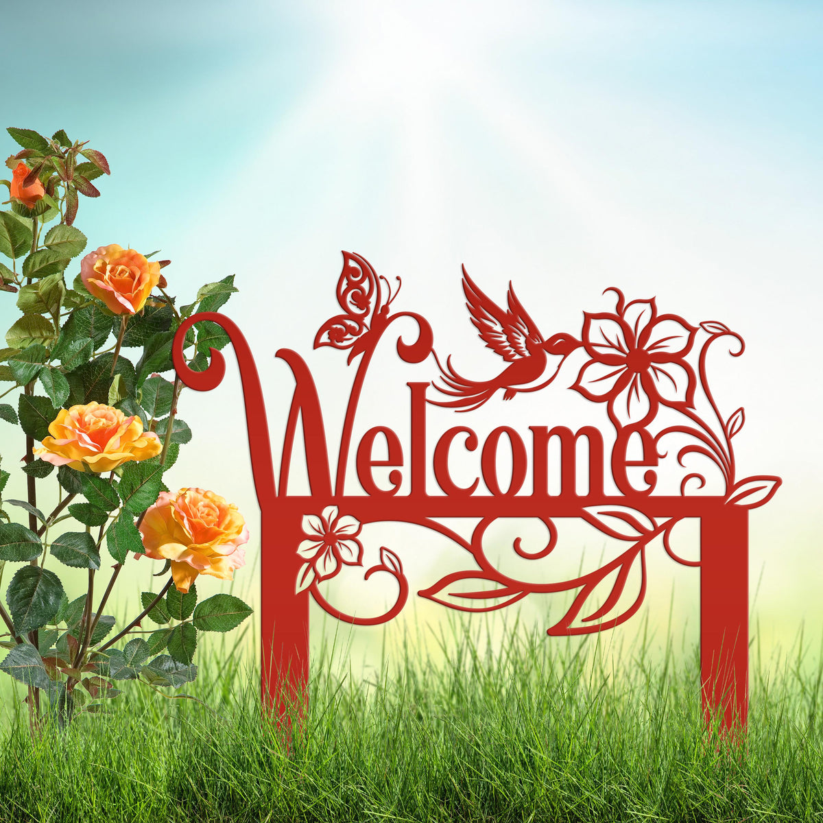 Welcome Sign, Metal Yard Stake, Outdoor Welcome Sign with Butterflies and Hummingbird. Made from Heavy Duty Metal and Powder Coated.
