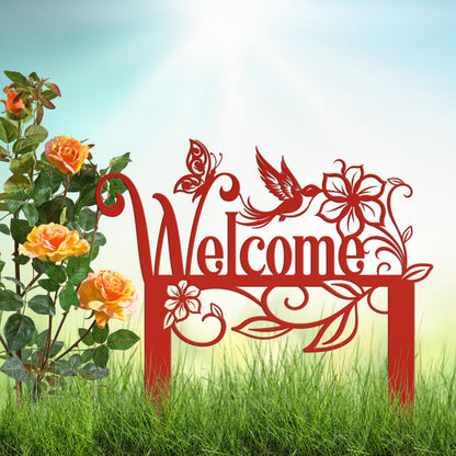 Welcome Sign, Metal Yard Stake, Outdoor Welcome Sign with Butterflies and Hummingbird. Made from Heavy Duty Metal and Powder Coated.