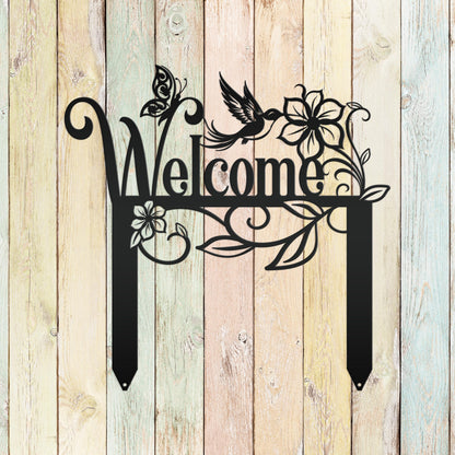 Welcome Sign, Metal Yard Stake, Outdoor Welcome Sign with Butterflies and Hummingbird. Made from Heavy Duty Metal and Powder Coated.