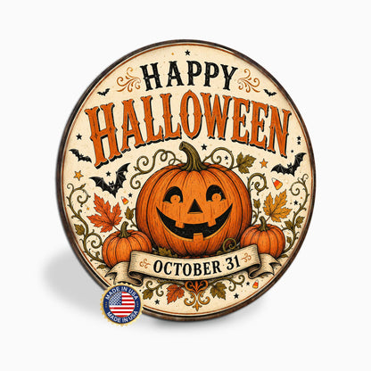 Happy Halloween Sign, Round Metal Halloween Wall Art, Jack O Lantern Art, Pumpkin Decor, Fall Signs, October Wall Art, Seasonal Home Decor