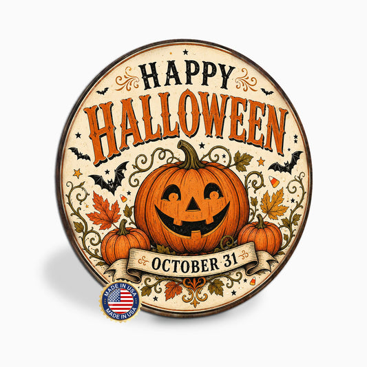 Happy Halloween Sign, Round Metal Halloween Wall Art, Jack O Lantern Art, Pumpkin Decor, Fall Signs, October Wall Art, Seasonal Home Decor