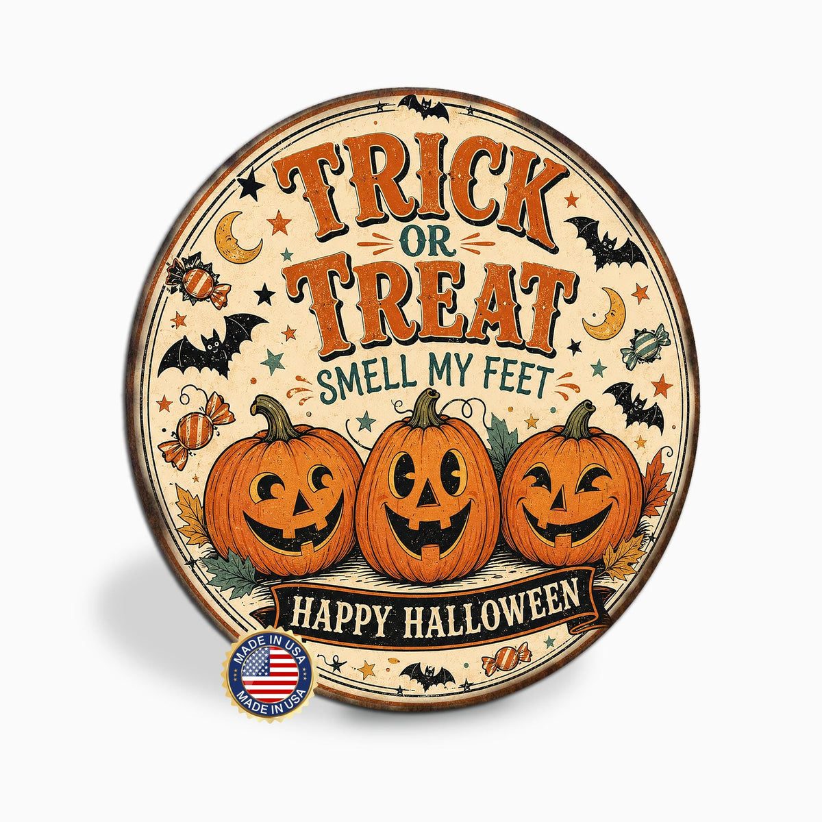 Trick or Treat Sign, Round Metal Halloween Wall Art, Spooky Decor, Halloween Humor, October Decor, Cute Pumpkin Sign, Halloween Gift