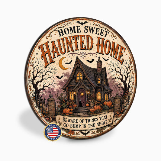 Haunted Home Sign, Round Metal Halloween Sign, Halloween Decor, Spooky Decor, Haunted House, Spooky Season, Gothic Halloween, October Decor