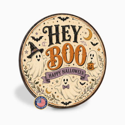 Hey Boo Sign, Round Metal Halloween Sign, Cute Ghost Decor, Boo Sign, October Decor, Halloween Wall Art, Happy Halloween, Halloween Lover