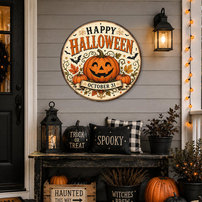 Happy Halloween Sign, Round Metal Halloween Wall Art, Jack O Lantern Art, Pumpkin Decor, Fall Signs, October Wall Art, Seasonal Home Decor