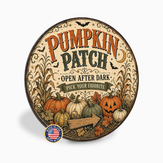 Pumpkin Patch Sign, Round Metal Halloween Wall Art, Halloween Decor, Pumpkin Decor, Fall Decor, Spooky Season, October Decor, Fall Wall Art